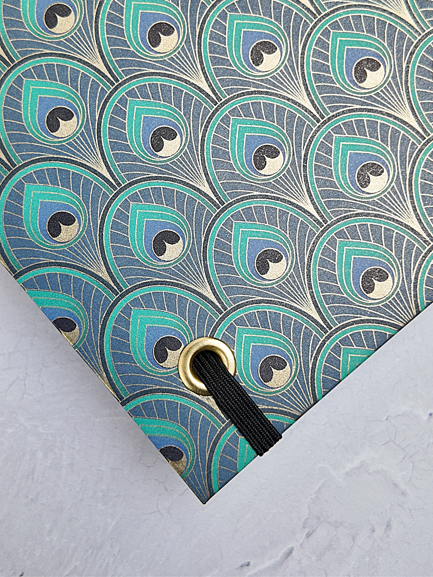 NEW B5 192-page Hardcover Journal finished in Black Mohair Japanese book cloth and a silk screened peacock paper