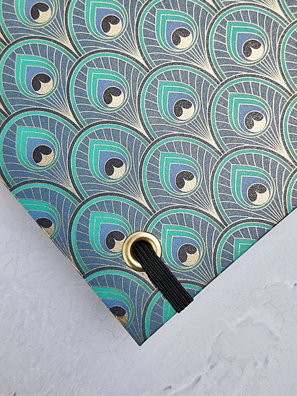 NEW B5 192-page Hardcover Journal finished in Black Mohair Japanese book cloth and a silk screened peacock paper