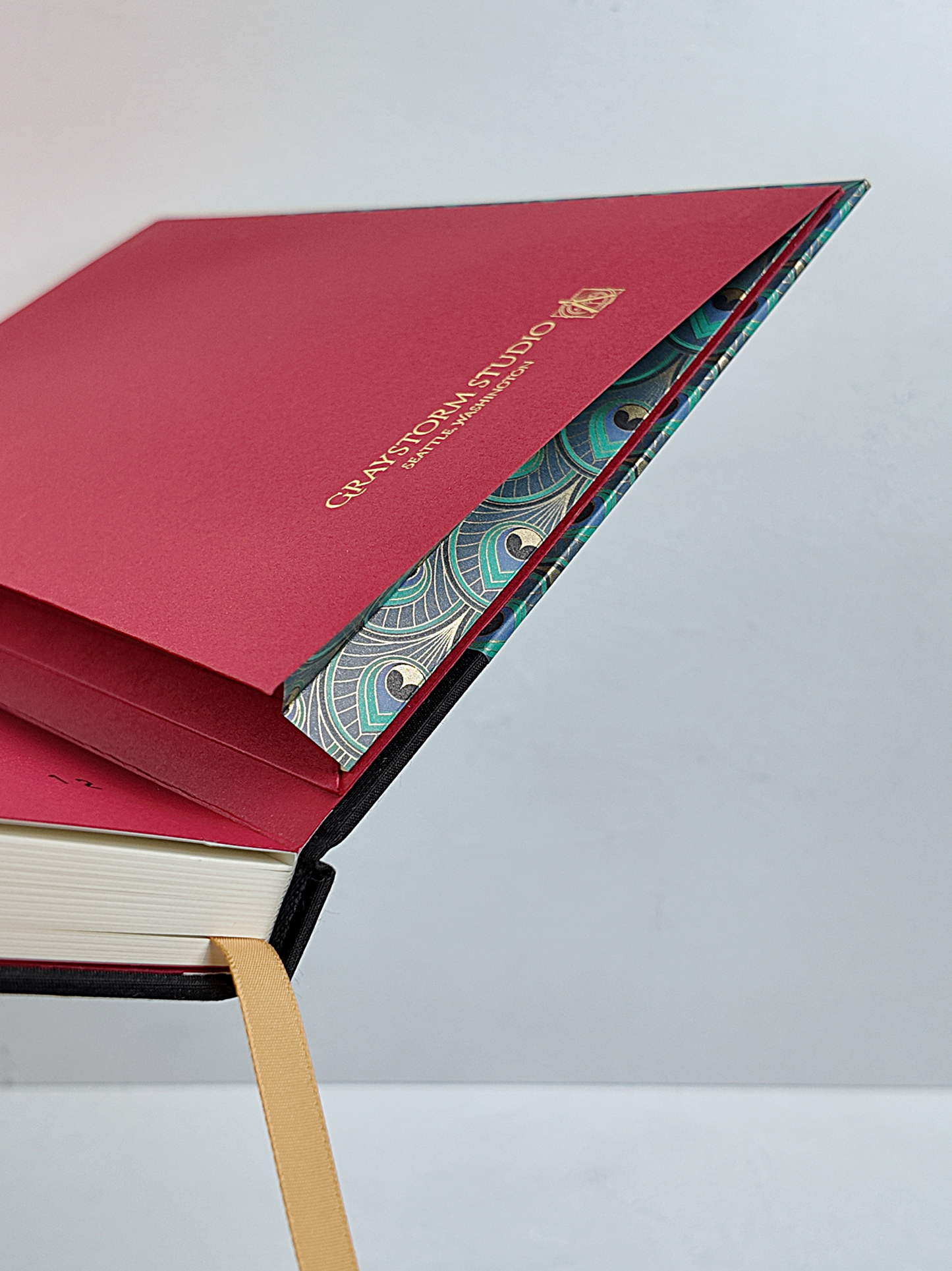 NEW B5 192-page Hardcover Journal finished in Black Mohair Japanese book cloth and a silk screened peacock paper