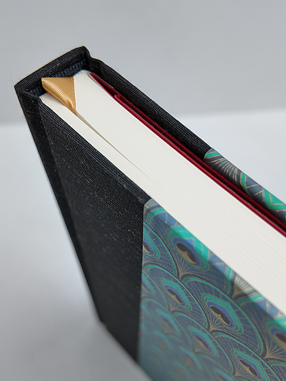 NEW A5 160-page Hardcover Journal finished in Black Mohair Japanese book cloth and a silk screened peacock paper