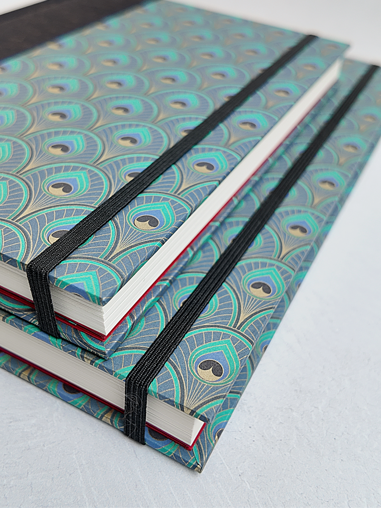 NEW B5 192-page Hardcover Journal finished in Black Mohair Japanese book cloth and a silk screened peacock paper