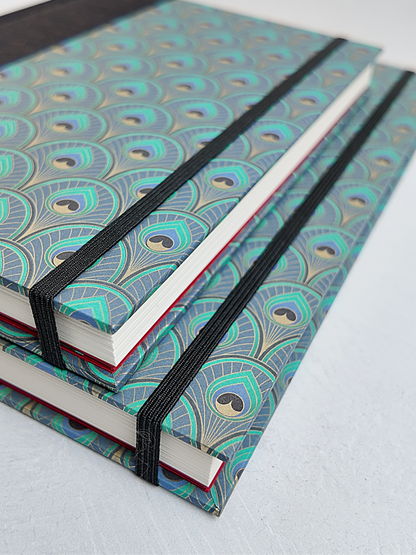 NEW B5 192-page Hardcover Journal finished in Black Mohair Japanese book cloth and a silk screened peacock paper