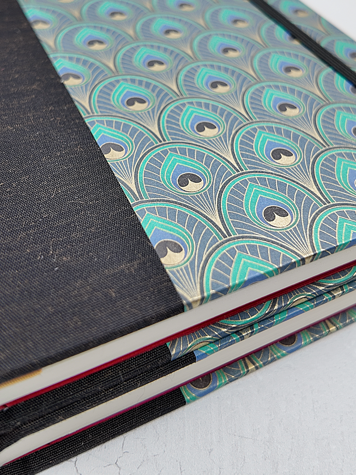 NEW B5 192-page Hardcover Journal finished in Black Mohair Japanese book cloth and a silk screened peacock paper