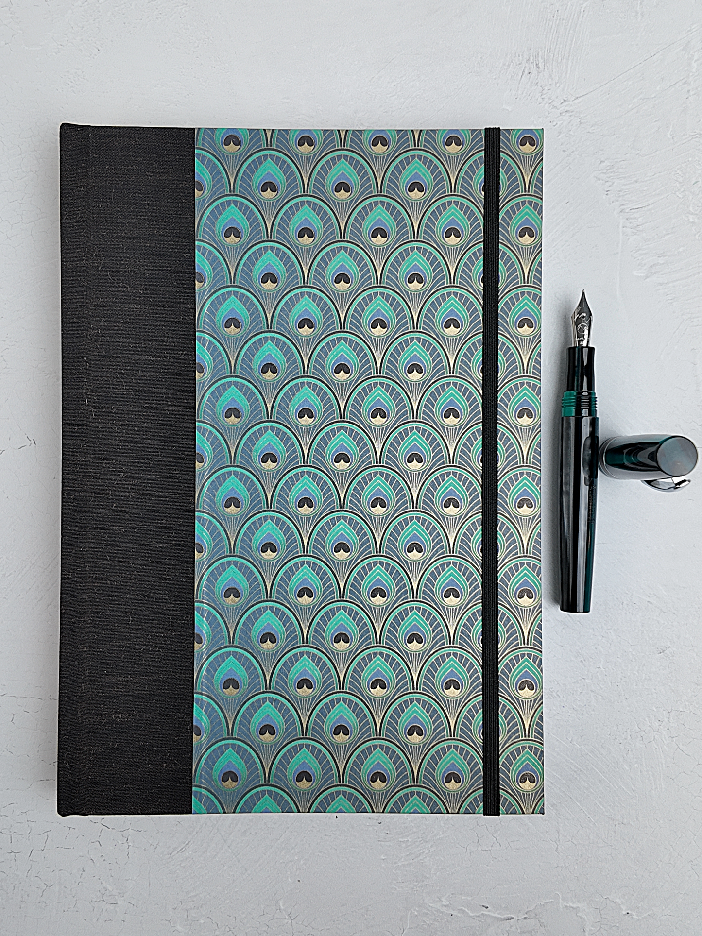 NEW B5 192-page Hardcover Journal finished in Black Mohair Japanese book cloth and a silk screened peacock paper