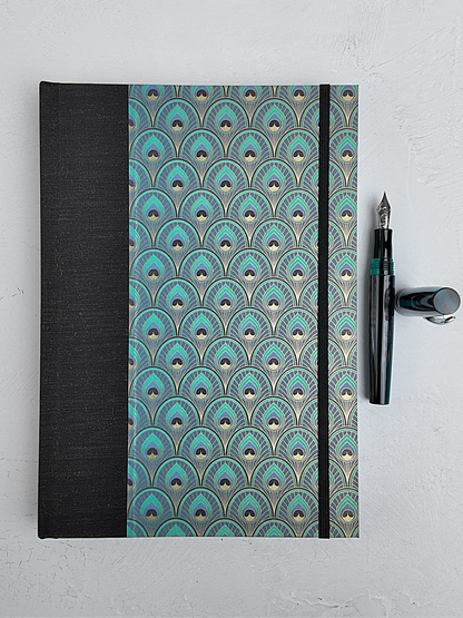 NEW B5 192-page Hardcover Journal finished in Black Mohair Japanese book cloth and a silk screened peacock paper