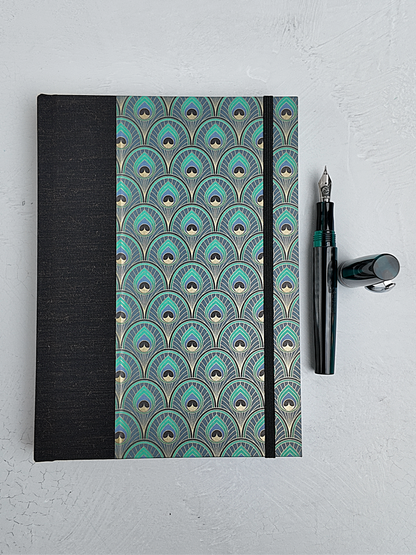 NEW A5 160-page Hardcover Journal finished in Black Mohair Japanese book cloth and a silk screened peacock paper