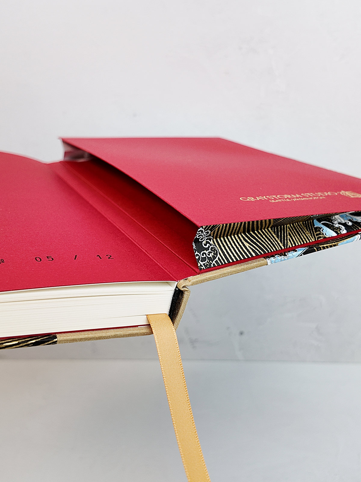 PRE-ORDER NEW B5 192-page Hardcover Journal finished in Soft Gold and Gold and Blue Waves Chiyogami Paper