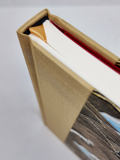 PRE-ORDER NEW A5 160-page Hardcover Journal finished in Soft Gold and Gold and Blue Waves Chiyogami Paper