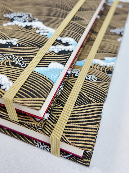 PRE-ORDER NEW B5 192-page Hardcover Journal finished in Soft Gold and Gold and Blue Waves Chiyogami Paper