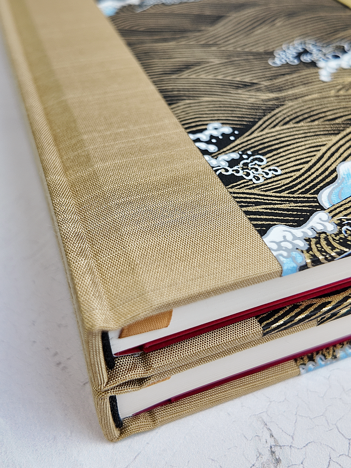 PRE-ORDER NEW B5 192-page Hardcover Journal finished in Soft Gold and Gold and Blue Waves Chiyogami Paper