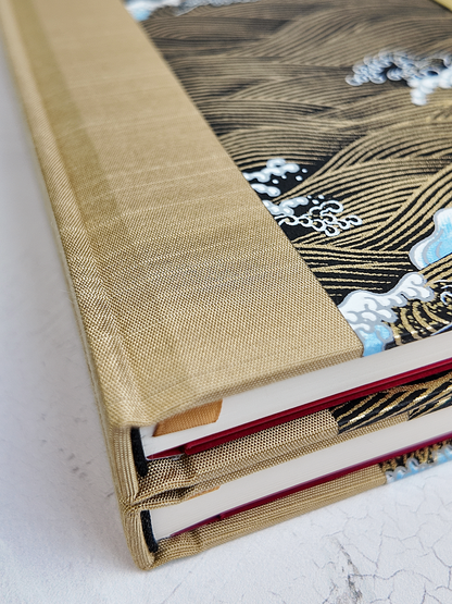 PRE-ORDER NEW A5 160-page Hardcover Journal finished in Soft Gold and Gold and Blue Waves Chiyogami Paper