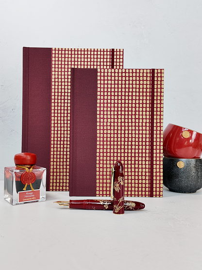 PRE-ORDER NEW A5 160-page Hardcover Journal finished in Maroon Japanese Book Cloth and Gold Dots in Maroon Chiyogami Paper