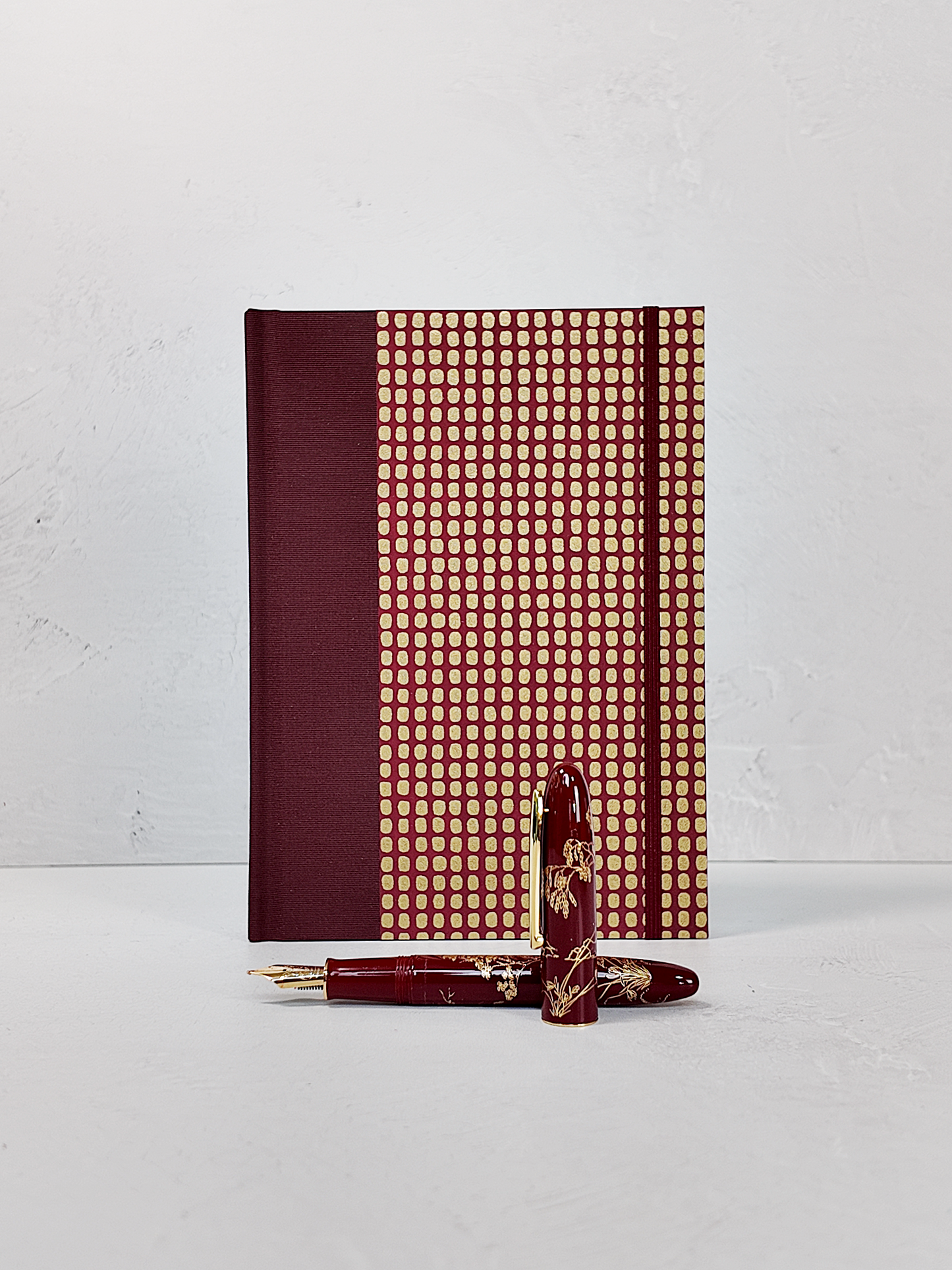 PRE-ORDER NEW A5 160-page Hardcover Journal finished in Maroon Japanese Book Cloth and Gold Dots in Maroon Chiyogami Paper