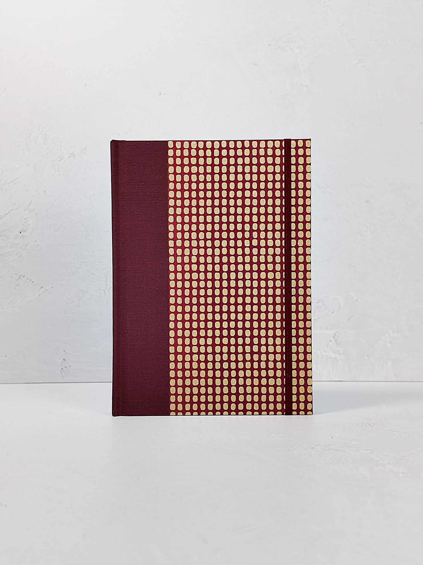 PRE-ORDER NEW A5 160-page Hardcover Journal finished in Maroon Japanese Book Cloth and Gold Dots in Maroon Chiyogami Paper