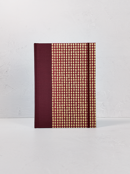PRE-ORDER NEW A5 160-page Hardcover Journal finished in Maroon Japanese Book Cloth and Gold Dots in Maroon Chiyogami Paper