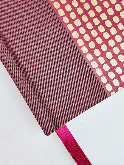 PRE-ORDER NEW A5 160-page Hardcover Journal finished in Maroon Japanese Book Cloth and Gold Dots in Maroon Chiyogami Paper