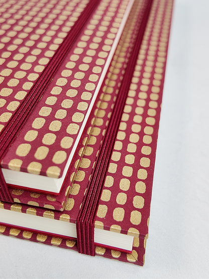 PRE-ORDER NEW B5 192-page Hardcover Journal finished in Maroon Japanese Book Cloth and Gold Dots in Maroon Chiyogami Paper