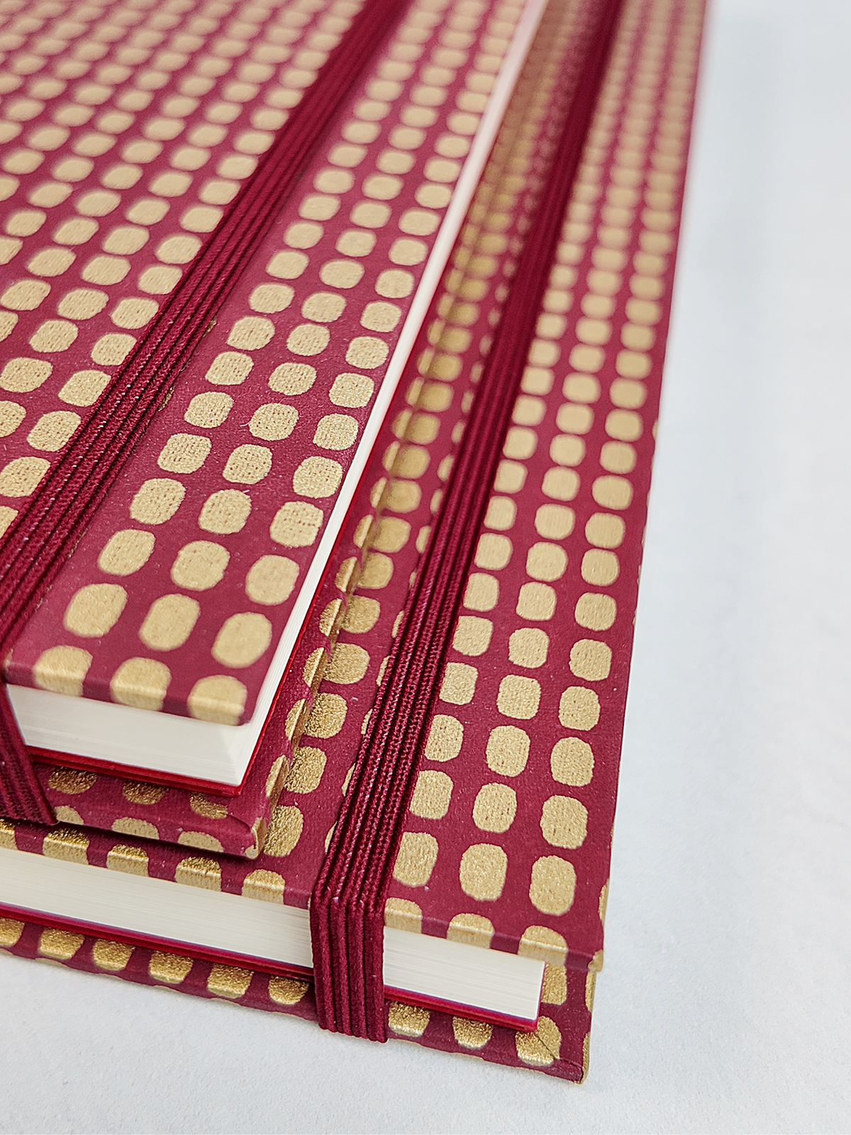PRE-ORDER NEW A5 160-page Hardcover Journal finished in Maroon Japanese Book Cloth and Gold Dots in Maroon Chiyogami Paper