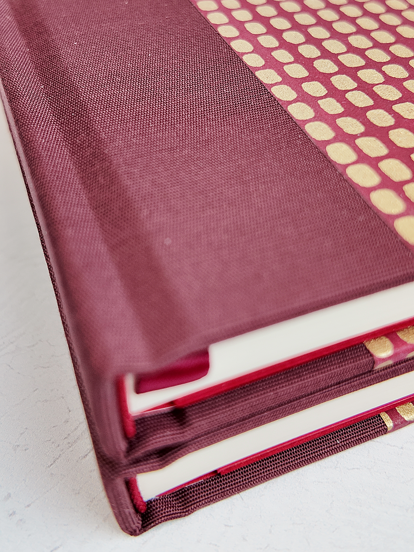 PRE-ORDER NEW B5 192-page Hardcover Journal finished in Maroon Japanese Book Cloth and Gold Dots in Maroon Chiyogami Paper
