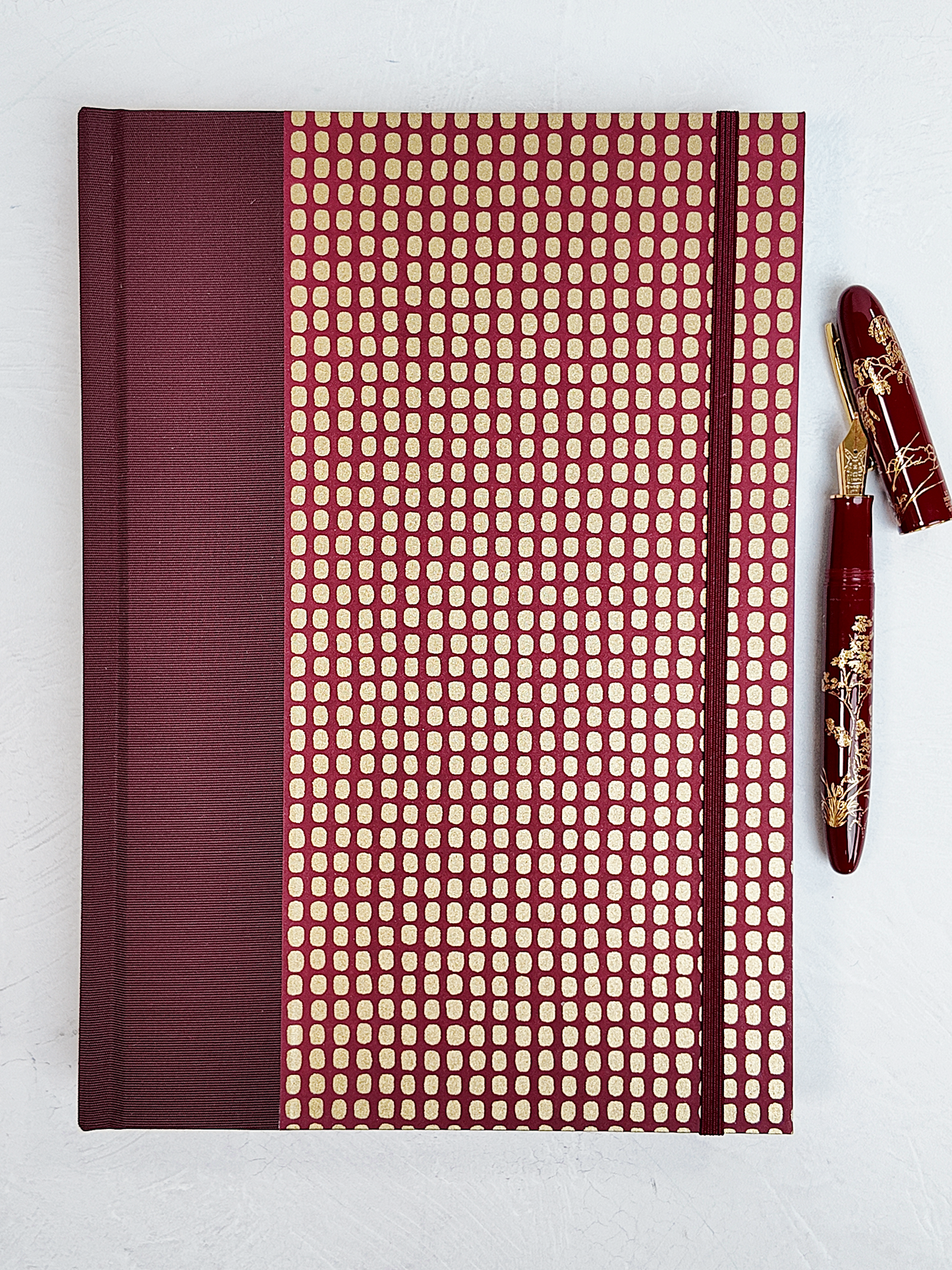 PRE-ORDER NEW B5 192-page Hardcover Journal finished in Maroon Japanese Book Cloth and Gold Dots in Maroon Chiyogami Paper