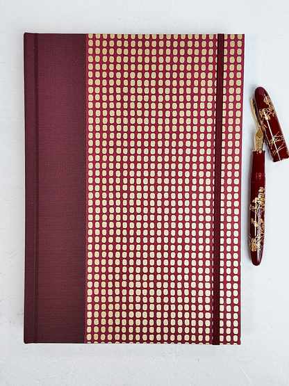 PRE-ORDER NEW B5 192-page Hardcover Journal finished in Maroon Japanese Book Cloth and Gold Dots in Maroon Chiyogami Paper