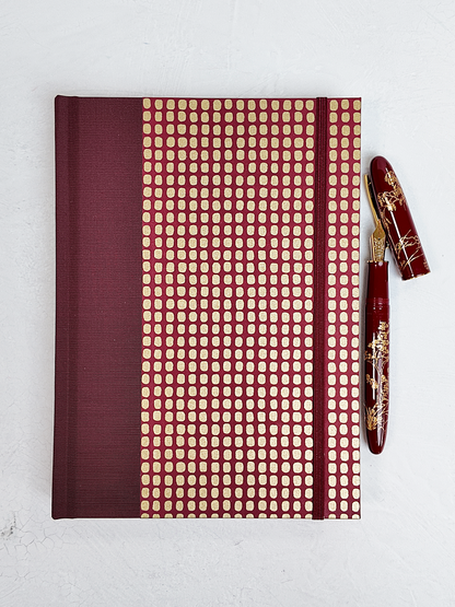 PRE-ORDER NEW A5 160-page Hardcover Journal finished in Maroon Japanese Book Cloth and Gold Dots in Maroon Chiyogami Paper