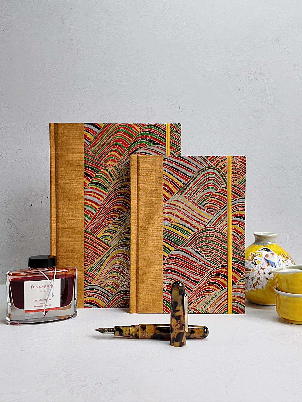 PRE-ORDER NEW B5 192-page Hardcover Journal finished in Ochre Japanese book cloth and Rolling Hills Chiyogami Paper