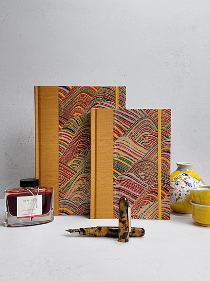 PRE-ORDER NEW B5 192-page Hardcover Journal finished in Ochre Japanese book cloth and Rolling Hills Chiyogami Paper