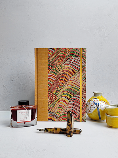 PRE-ORDER NEW B5 192-page Hardcover Journal finished in Ochre Japanese book cloth and Rolling Hills Chiyogami Paper