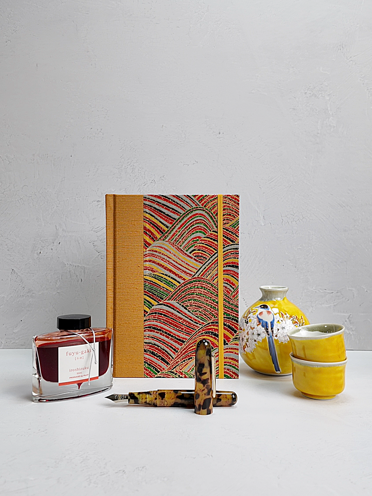 PRE-ORDER NEW A5 160-page Hardcover Journal finished in Ochre Japanese book cloth and Rolling Hills Chiyogami Paper