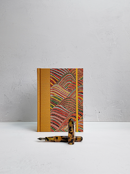 PRE-ORDER NEW A5 160-page Hardcover Journal finished in Ochre Japanese book cloth and Rolling Hills Chiyogami Paper