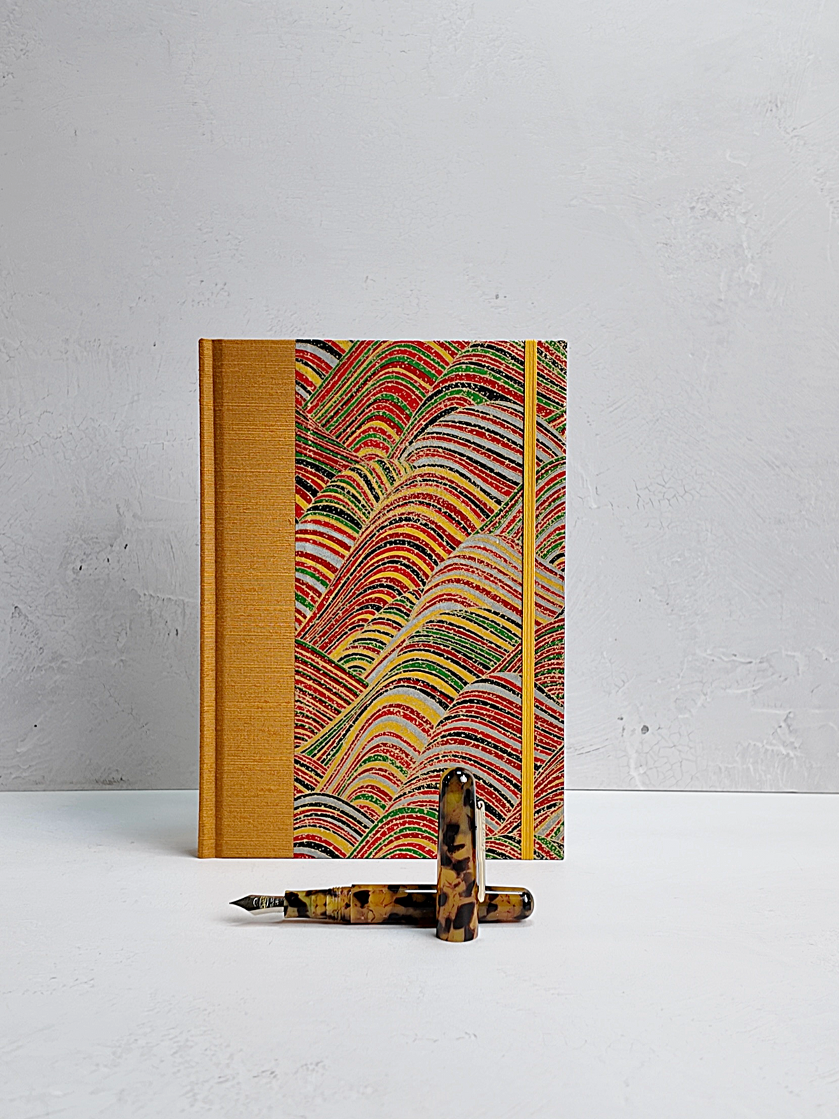 PRE-ORDER NEW B5 192-page Hardcover Journal finished in Ochre Japanese book cloth and Rolling Hills Chiyogami Paper