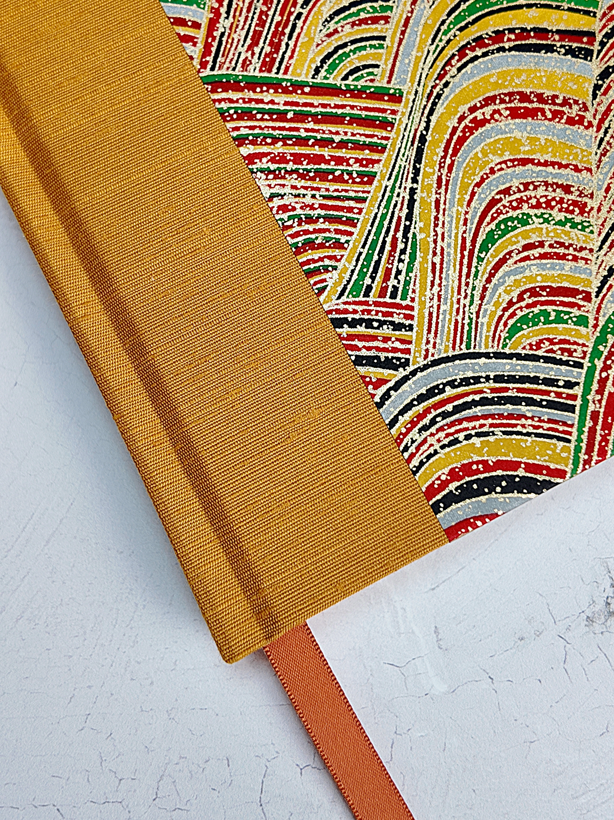 PRE-ORDER NEW B5 192-page Hardcover Journal finished in Ochre Japanese book cloth and Rolling Hills Chiyogami Paper