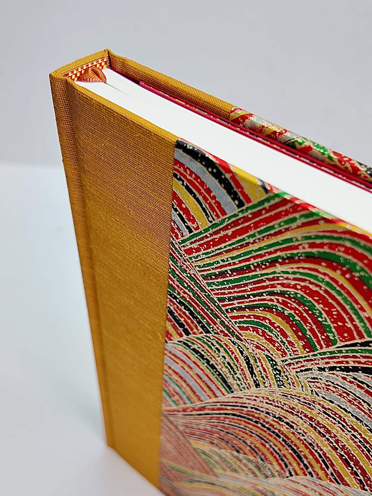 PRE-ORDER NEW A5 160-page Hardcover Journal finished in Ochre Japanese book cloth and Rolling Hills Chiyogami Paper