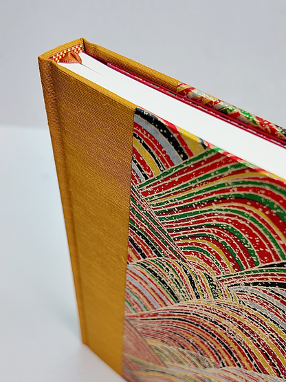 PRE-ORDER NEW A5 160-page Hardcover Journal finished in Ochre Japanese book cloth and Rolling Hills Chiyogami Paper
