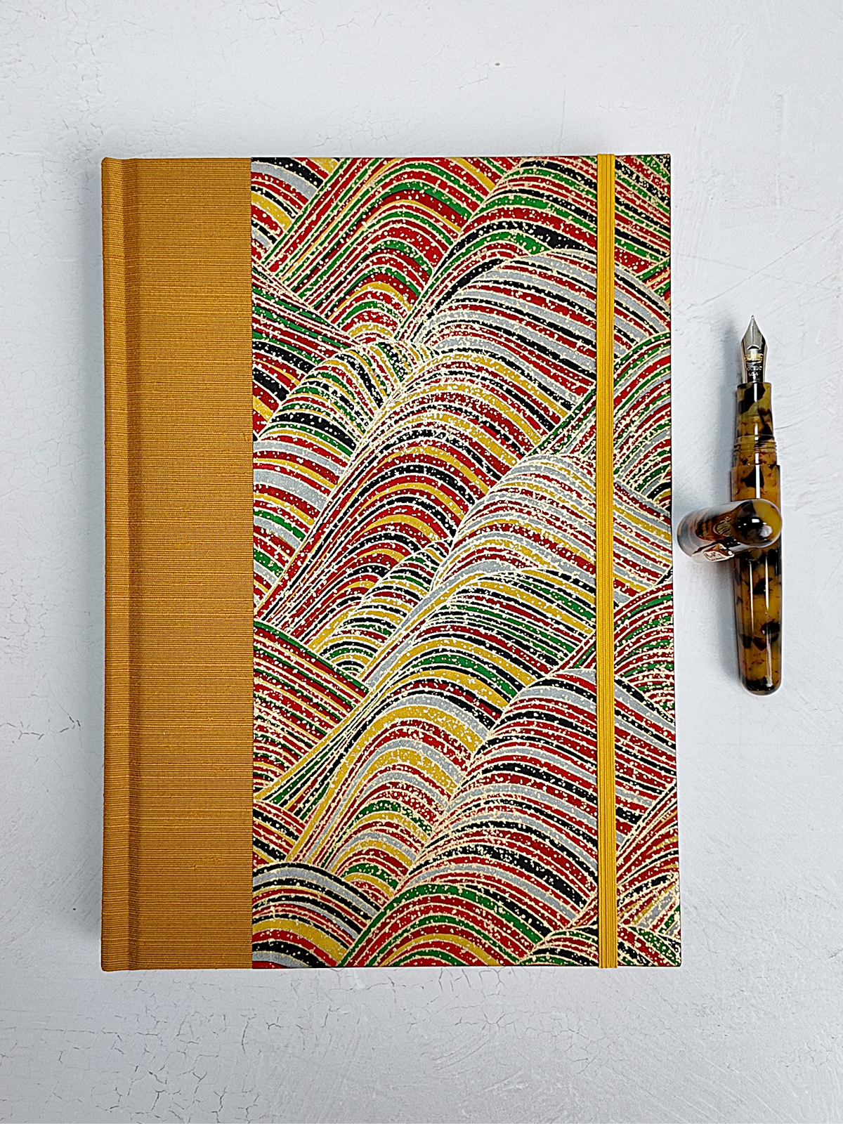 PRE-ORDER NEW B5 192-page Hardcover Journal finished in Ochre Japanese book cloth and Rolling Hills Chiyogami Paper