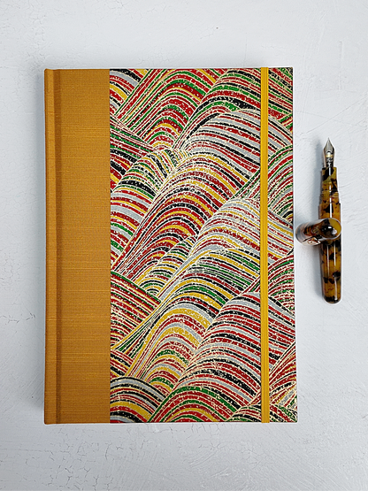 PRE-ORDER NEW B5 192-page Hardcover Journal finished in Ochre Japanese book cloth and Rolling Hills Chiyogami Paper