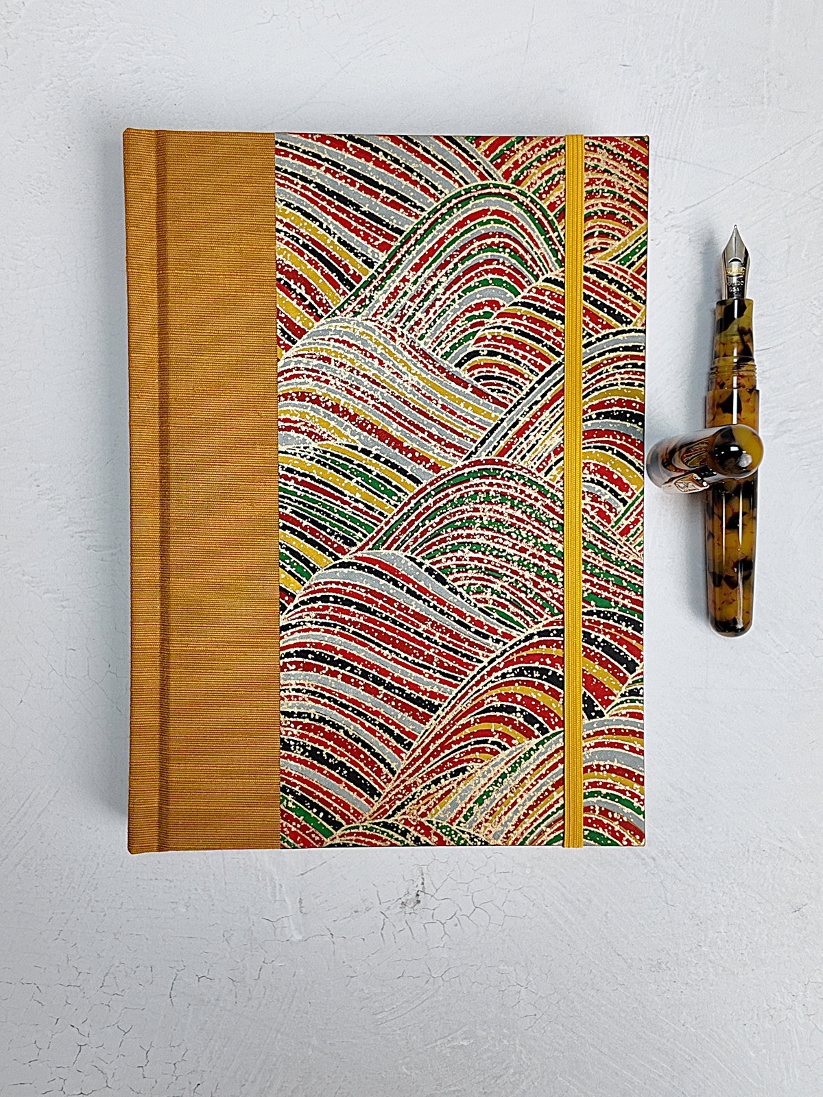 PRE-ORDER NEW A5 160-page Hardcover Journal finished in Ochre Japanese book cloth and Rolling Hills Chiyogami Paper