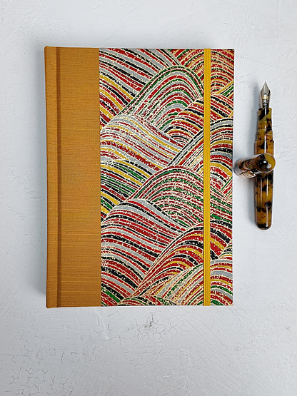 PRE-ORDER NEW A5 160-page Hardcover Journal finished in Ochre Japanese book cloth and Rolling Hills Chiyogami Paper