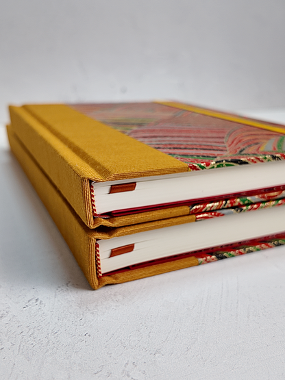 PRE-ORDER NEW B5 192-page Hardcover Journal finished in Ochre Japanese book cloth and Rolling Hills Chiyogami Paper