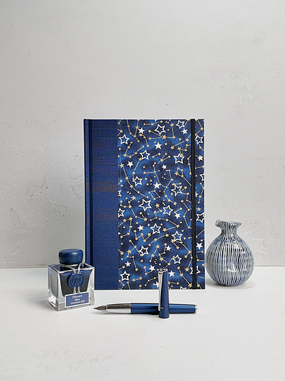 PRE-ORDER NEW B5 192-page Hardcover Journal finished in Cadet Blue Japanese Book Cloth and Galaxy Chiyogami Paper
