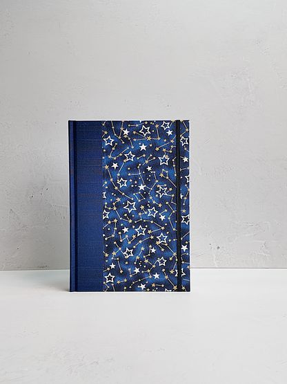 PRE-ORDER NEW B5 192-page Hardcover Journal finished in Cadet Blue Japanese Book Cloth and Galaxy Chiyogami Paper