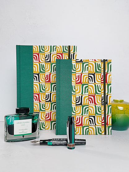 NEW A5 160-page Hardcover Journal finished in Green Mohair Japanese book cloth and abstract Katazome Paper