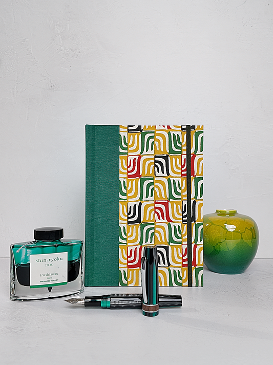 NEW A5 160-page Hardcover Journal finished in Green Mohair Japanese book cloth and abstract Katazome Paper