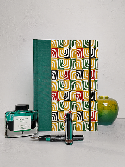 NEW B5 192-page Hardcover Journal finished in Green Mohair Japanese book cloth and abstract Katazome Paper