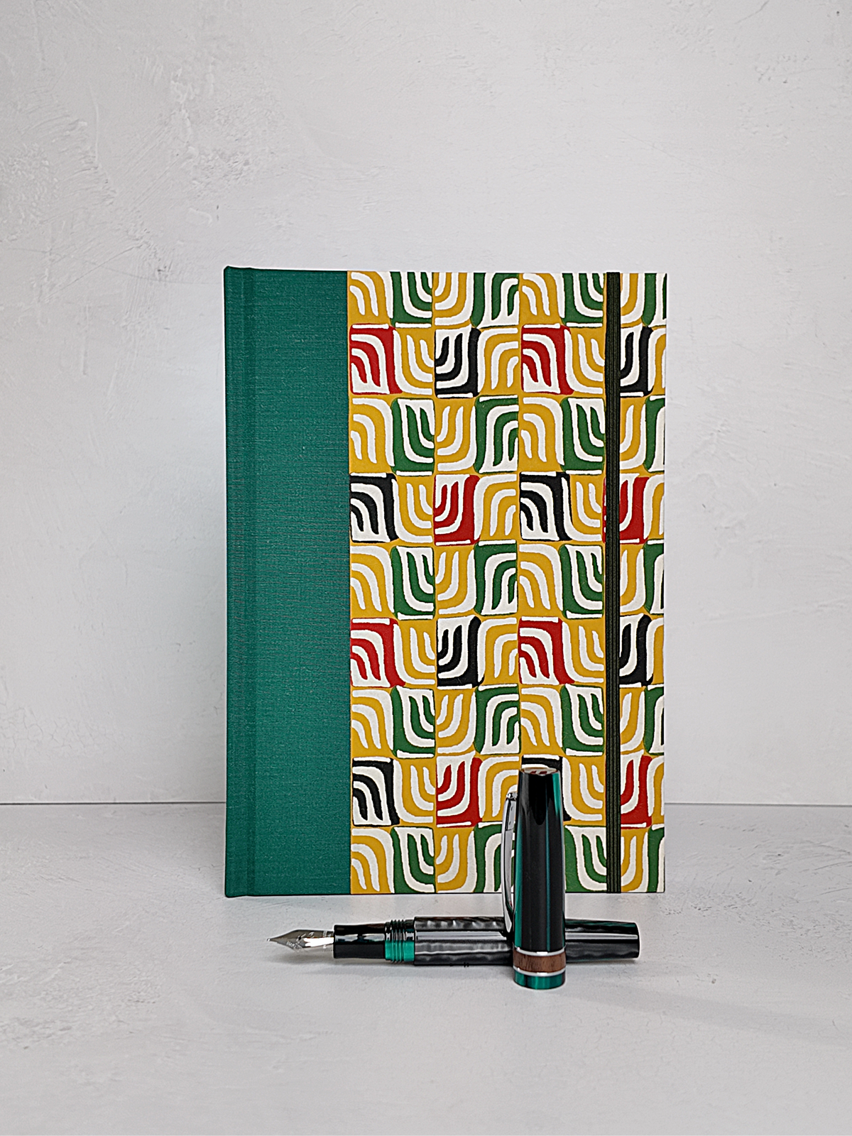 NEW B5 192-page Hardcover Journal finished in Green Mohair Japanese book cloth and abstract Katazome Paper