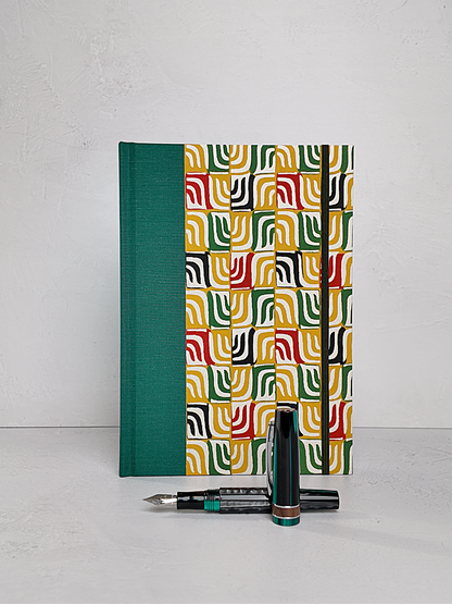 NEW B5 192-page Hardcover Journal finished in Green Mohair Japanese book cloth and abstract Katazome Paper