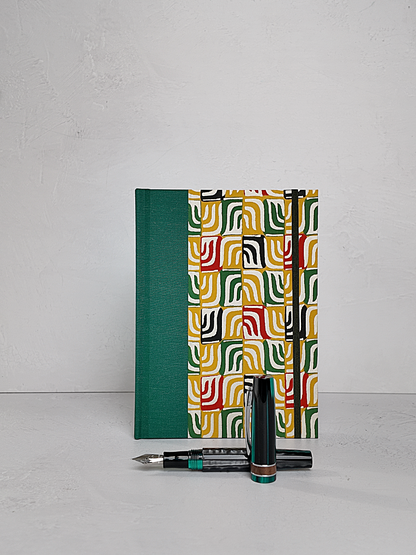 NEW A5 160-page Hardcover Journal finished in Green Mohair Japanese book cloth and abstract Katazome Paper