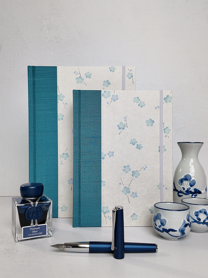 NEW B5 192-page Hardcover Journal finished in Marine Blue Japanese book cloth and Blue Cherry Blossoms on white Chiyogami Paper