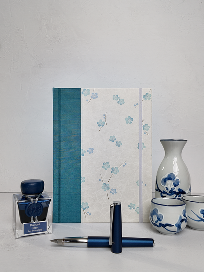 NEW A5 160-page Hardcover Journal finished in Marine Blue Japanese book cloth and Blue Cherry Blossoms on white Chiyogami Paper